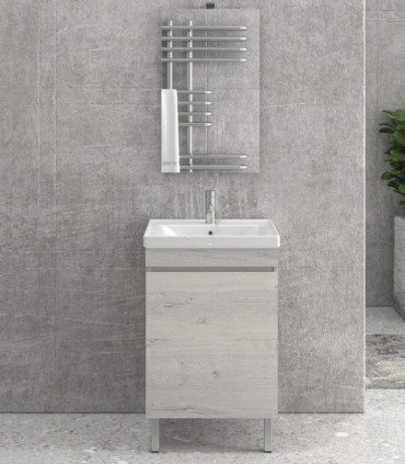 Mobile bagno a terra 55cm con 1 sportello e specchio filo lucido ''New Sava'' ice oak