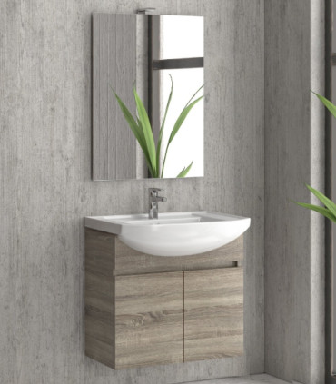 Mobile bagno sospeso 65cm con 2 porte e specchio filo lucido ''New Bianna'' ice oak