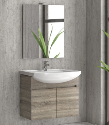 Mobile bagno sospeso 80cm con 2 porte e specchio filo lucido ''New Bianna'' colore Ice Oak