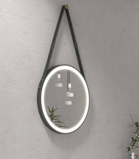 Specchio bagno industrial tondo 50 cm con illuminazione led completo di cinghia e gancio in cuoio " Anatoli pim 0154 " - 1
