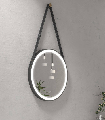 Specchio bagno industrial tondo 50 cm con illuminazione led completo di cinghia e gancio in cuoio " Anatoli pim 0154 " - 1