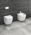 Coppia Sanitari Bagno Sospesi bianco opaco senza brida "Milos" In Ceramica Bidet e Vaso Completi Di Copriwater soft-close