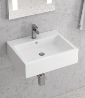 Lavabo bagno sospeso ceramica 56x45x15,5 cm con foro troppo pieno e rubinetto rettangolare in ceramica LT5027