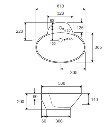 Lavabo bagno 61x50x20 cm ovale con foro rubinetteria appoggio ceramica Bianco scheda tecnica