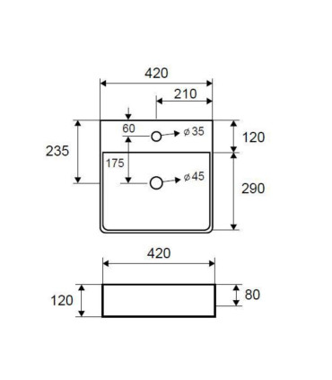 Lavabo bacinella bagno 42x42 quadrato appoggio con foro rubinetto Bianco per mensoloni LT2177 scheda tecnica