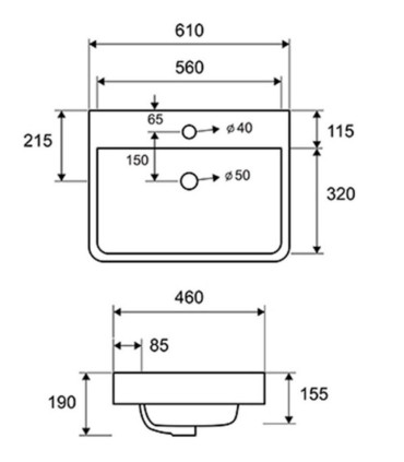 Lavabo bacinella bagno 61x46 rettangolare appoggio con foro rubinetto Bianco per mensoloni scheda tecnica