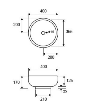 Lavabo bagno 40x40x17 cm tondo da appoggio in ceramica senza foro rubinetto scheda tecnica