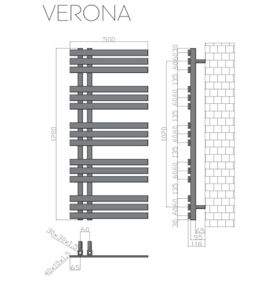 Termoarredo Scaldasalviette Bagno 120x50cm in Acciaio Inox finitura Cromo ''Verona'' scheda tecnica