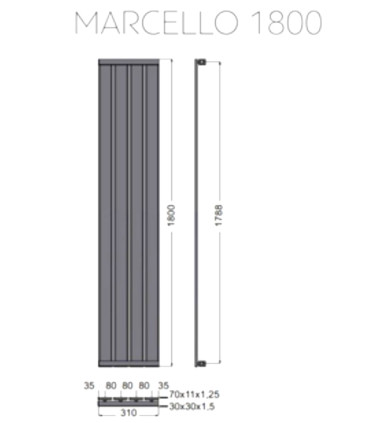 Termoarredo Scaldasalviette Bagno 180x31cm Interasse 31cm in Acciaio Inox finitura Nero "Marcello1800 Nero scheda tecnica