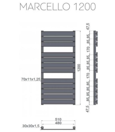 Termosifone Scaldasalviette Bagno 120x50cm Interasse 48cm in Acciaio Inox finitura Cromo ''Marcello 1200'' scheda tecnica