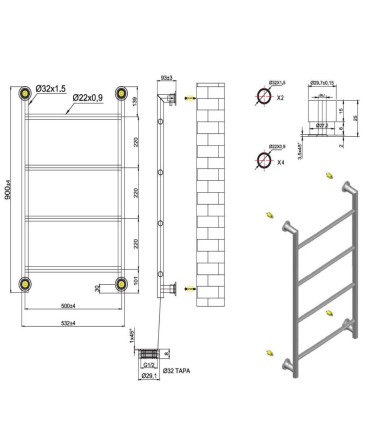Termoarredo Scaldasalviette bagno 90x56cm Interasse 54cm in Acciaio Inox finitura Cromo ''Design6-900 Chrome'' scheda tecnica