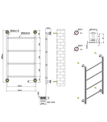 Scaldasalviette Bagno''Design6-900'' 90x56cm Interasse 50cm In Acciaio Finitura Nero Opaco I Karag I Ap shop