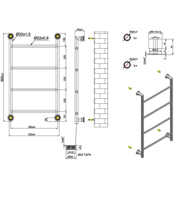 Termoarredo Scaldasalviette bagno 90x56cm Interasse 50cm in Acciaio Inox finitura bianco ''Design6-900 Bianco'' scheda tecnica