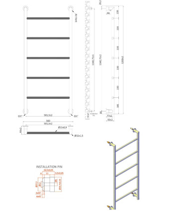 Termoarredo Scaldasalviette bagno 120x56cm Interasse 50 cm in Acciaio Inox finitura Cromo ''Design 6-1200 Chrome''