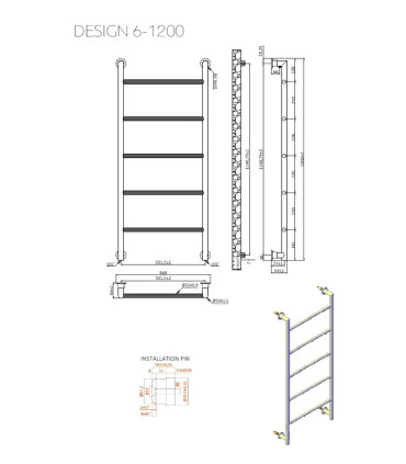 Termoarredo Scaldasalviette bagno 120x56cm Interasse 50cm in Acciaio Inox finitura Nero Opaco ''Design 6-1200''