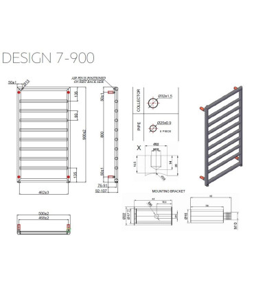 Termoarredo Scaldasalviette bagno 90x50cm Interasse 46cm in Acciaio Inox finitura Cromo ''Design 7-900'' scheda tecnica