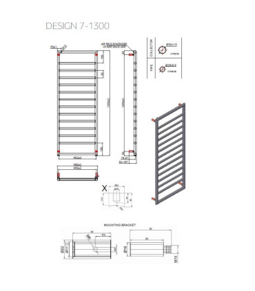 Termoarredo scaldasalviette bagno 130x50cm Interasse 46cm in Acciaio Inox finitura cromo ''Design 7-1300 Chrome'' scheda tecnica