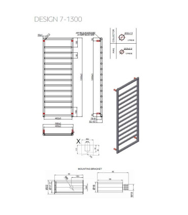 Termoarredo scaldasalviette bagno 130x50cm Interasse 46cm in Acciaio Inox finitura nero''Design 7-1300 Nero'' scheda tecnica