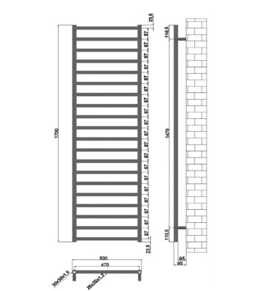 Termoarredo scaldasalviette bagno 170x50 cm Interasse 47 cm in acciaio inox finitura cromo ''Karnak 1700 Nero'' scheda tecnica