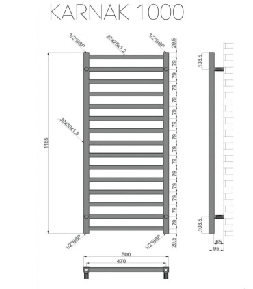 Termoarredo Scaldasalviette bagno 100x50cm Interasse 47cm in acciaio inox finitura cromo ''Karnak 1000 Chrome'' scheda tecnica