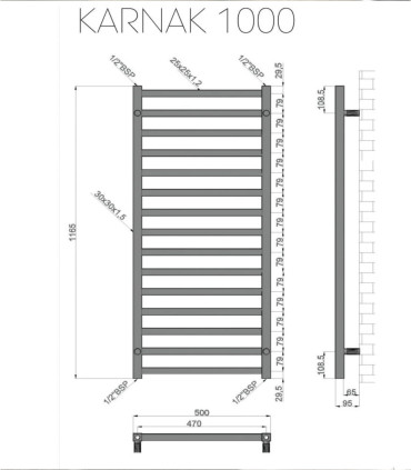 Termoarredo Scaldasalviette bagno 100x50cm Interasse 47cm in acciaio inox finitura nero ''Karnak 1000 Nero'' scheda tecnica