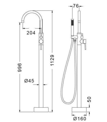 Rubinetto miscelatore freestanding monocomando tondo per vasca da bagno da terra nero opaco posizionamento libero ARTEMIS S12323