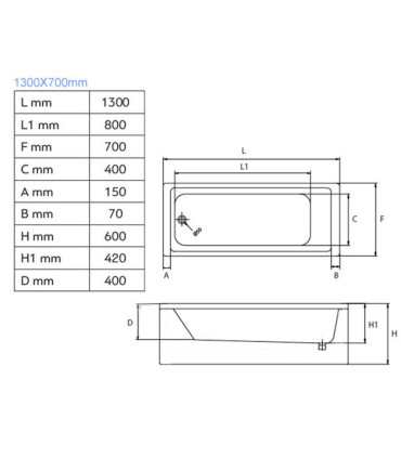 Vasca Da Bagno 130x70cm rettangolare in Acrilico solo guscio ''Aria'' scheda tecnica