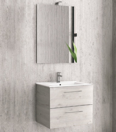 Mobile da bagno sospeso 60cm con 2 cassetti e specchio filo lucido ''New Elsa'' Ice oak
