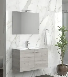 Mobile Bagno Sospeso 75cm Con 2 Ante e Specchio Filo lucido ''new Bitola'' Colore Ice Oak