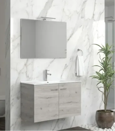Mobile Bagno Sospeso 75cm Con 2 Ante e Specchio Filo lucido ''new Bitola'' Colore Ice Oak