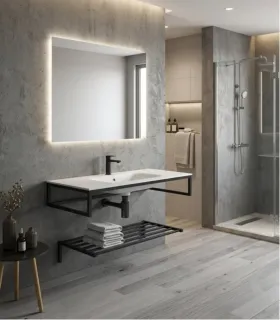 Mobile Da Bagno Sospeso Industrial In Ferro Nero Acciaio Inox 100 Cm "ilion" Con Mensola Portasalviette