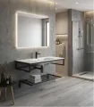 Mobile Da Bagno Sospeso Industrial In Ferro Nero Acciaio Inox 100 Cm "ilion" Con Mensola Portasalviette