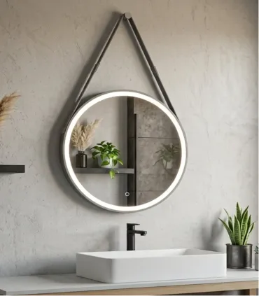 Specchio Bagno Industrial Tondo 50 Cm Con Illuminazione Led Completo Di Cinghia E Gancio In Ecopelle " Anatoli Pim 0154 "