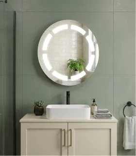 Specchio Bagno Tondo Contenitore Con Luce Led Retroilluminato Struttura Acciaio Inox Ø 30 Mm X 150 Mm " Pic010"