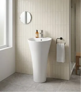Lavabo A Colonna Freestanding Da Terra Centro Stanza " Vendome " Con Foro Rubinetto Scarico Parete In Ceramica Bianco Lucido