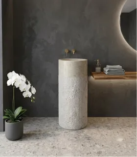 Lavabo In Marmo A Colonna Freestanding Da Terra Centro Stanza " Bora Prdg" Crema In Pietra