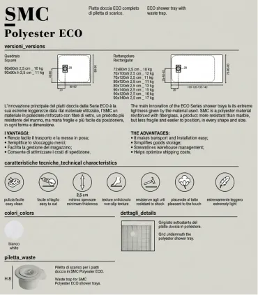 Piatto Doccia Ultra Leggero in SMC Serie ECO Bianco 90x120 H 2,5 cm Tamanaco I Ap shop