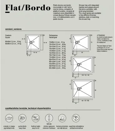 Piatto Doccia in Marmo Resina Serie Flat con Bordo Integrato Bianco 80x120 H 3,3 cm Tamanaco I Ap shop