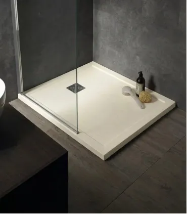 Piatto Doccia in Marmo Resina Serie Flat con Bordo Integrato Colore Crema 90x90 H 3,3 cm Tamanaco