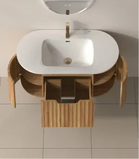 Mobile Bagno "Pillè" 100 cm con Lavabo in Porcellana e Specchio 2 Ante 1 Cassetto Acacia