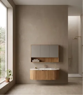 Mobile Bagno "Pillè" 120 cm con Lavabo in Porcellana e Specchio 2 Ante 1 Cassetto Acacia