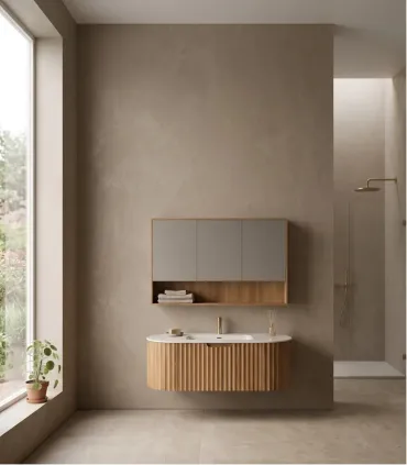 Mobile Bagno "Pillè" 120 cm con Lavabo in Porcellana e Specchio 2 Ante 1 Cassetto Acacia
