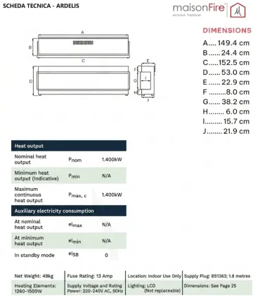 Camino Elettrico Ardelis 150 cm – 3 Lati con Effetto Fiamma e Acquario Maison Fire