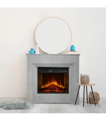 Camino elettrico caminetto da terra BELLINI in legno effetto Cemento Made in Italy L96 x P35 x H96