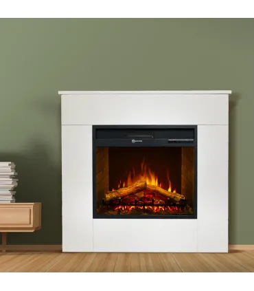 Camino elettrico caminetto da terra in legno bianco Made in Italy MICHELANGELO 96x36x90h