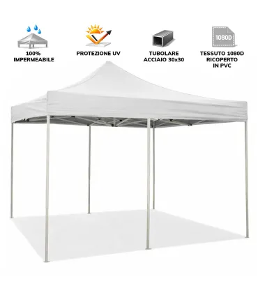 Gazebo richiudibile pieghevole MARKET 3 X 6 Bianco ricoperto in PVC impermeabile