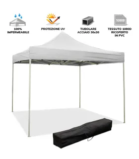 Gazebo richiudibile pieghevole MARKET 3 X 3 Bianco ricoperto in PVC impermeabile