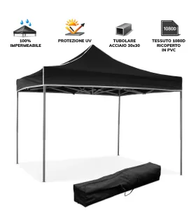Gazebo richiudibile pieghevole MARKET 3 X 3 Nero ricoperto in PVC impermeabile