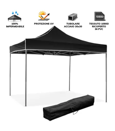 Gazebo richiudibile pieghevole MARKET 3 X 3 Nero ricoperto in PVC impermeabile