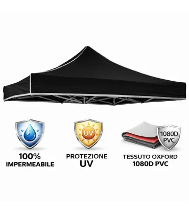 Gazebo richiudibile pieghevole MARKET 3 X 3 Nero ricoperto in PVC impermeabile